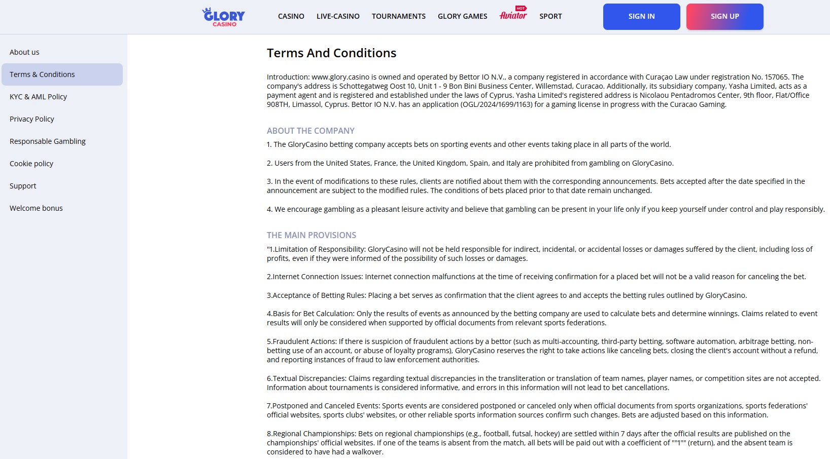 Terms and Conditions for Glory Casino Bonuses
